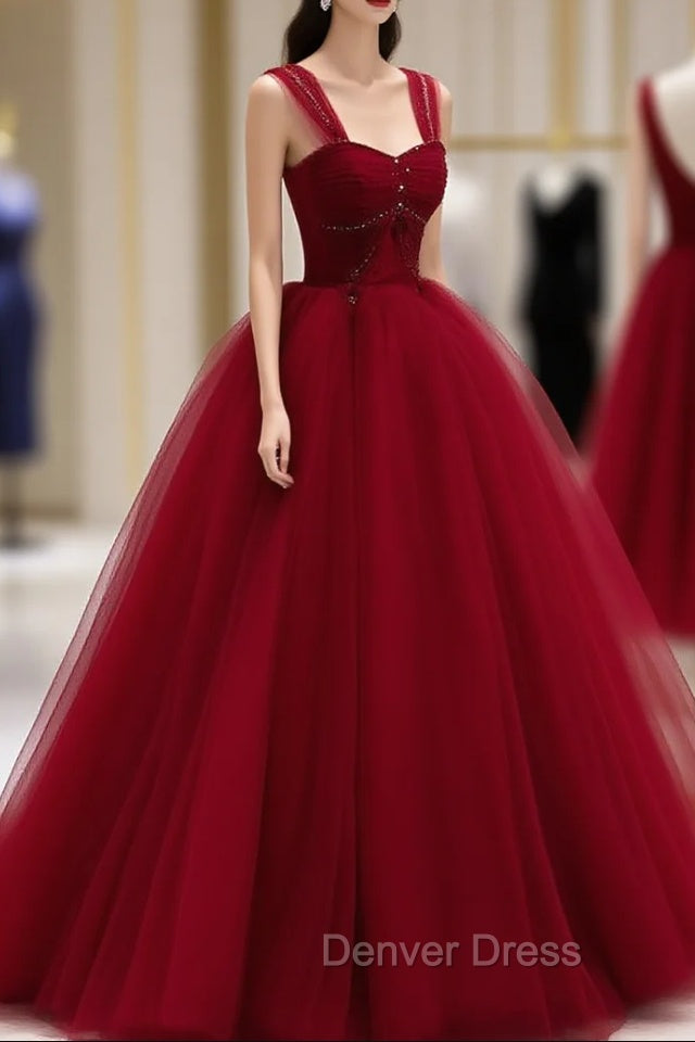 Burgundy Off Shoulder Tulle Long Prom Dresses, Burgundy Formal Dresses Secondary image
