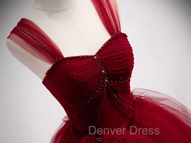Burgundy Off Shoulder Tulle Long Prom Dresses, Burgundy Formal Dresses