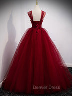 Burgundy Off Shoulder Tulle Long Prom Dresses, Burgundy Formal Dresses
