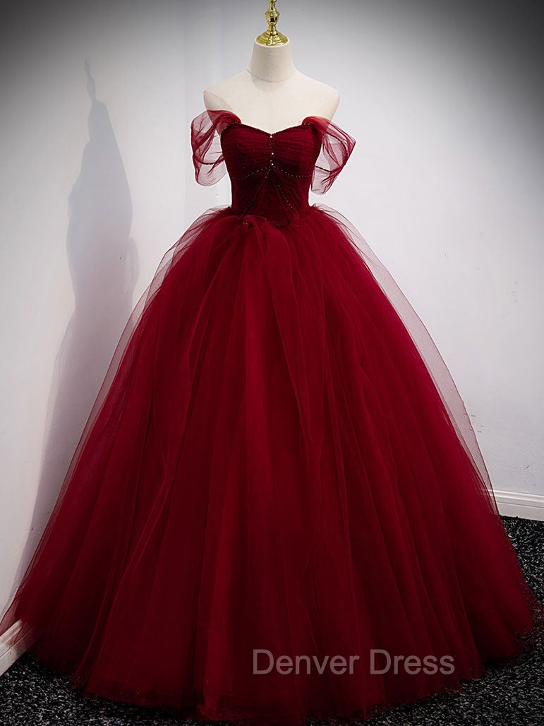 Burgundy Off Shoulder Tulle Long Prom Dresses, Burgundy Formal Dresses Main image