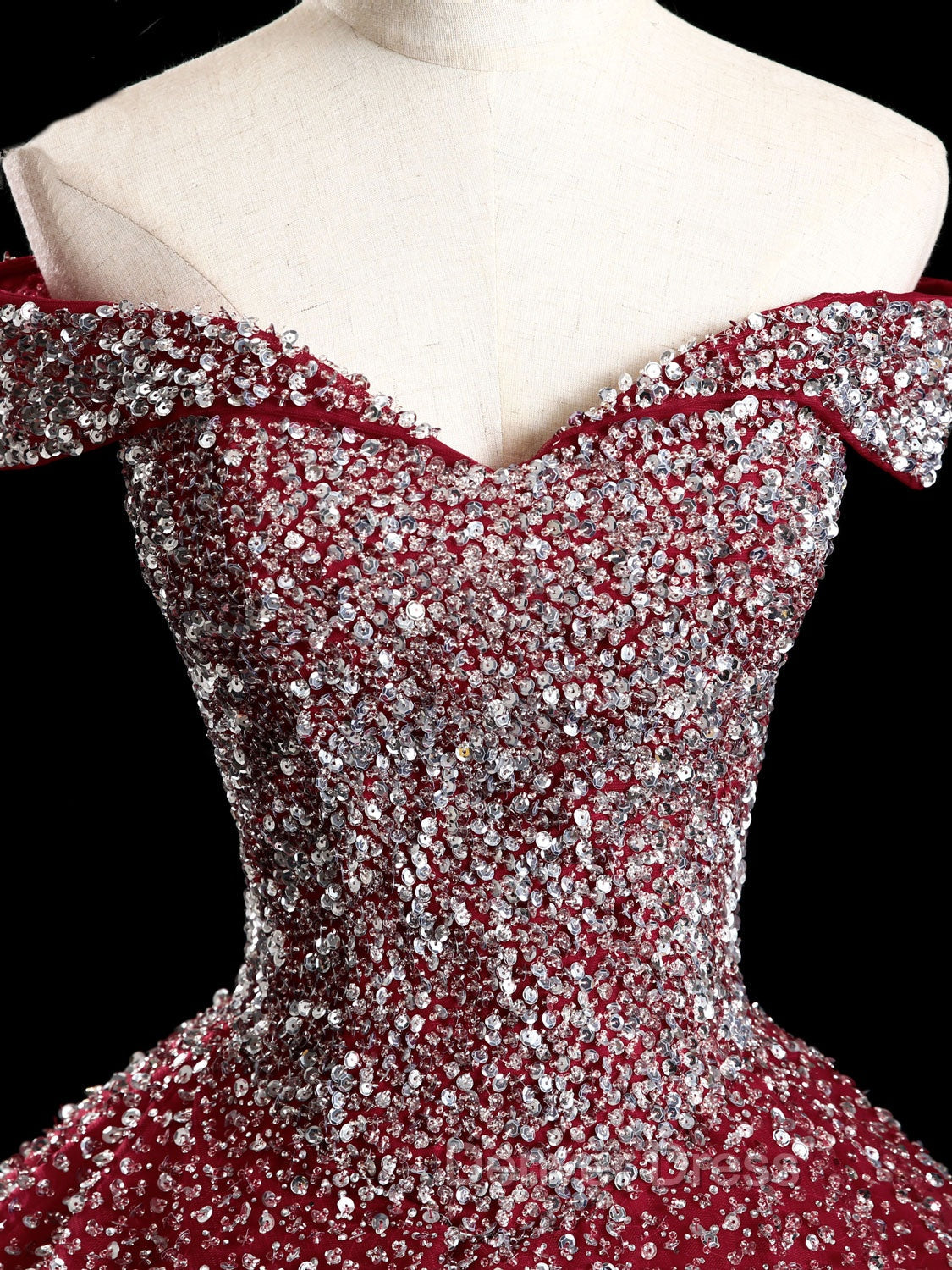Burgundy Off Shoulder Tulle Sequin Long Prom Dresses, Burgundy Sweet 16 Dresses Secondary image