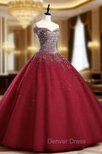 Burgundy Off Shoulder Tulle Sequin Long Prom Dresses, Burgundy Sweet 16 Dresses