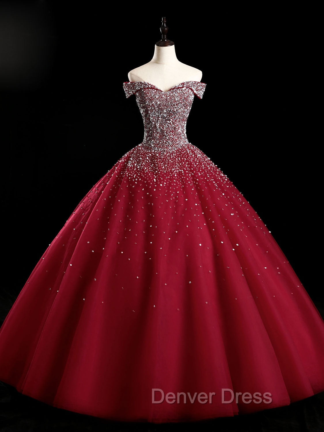 Burgundy Off Shoulder Tulle Sequin Long Prom Dresses, Burgundy Sweet 16 Dresses