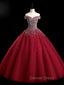 Burgundy Off Shoulder Tulle Sequin Long Prom Dresses, Burgundy Sweet 16 Dresses