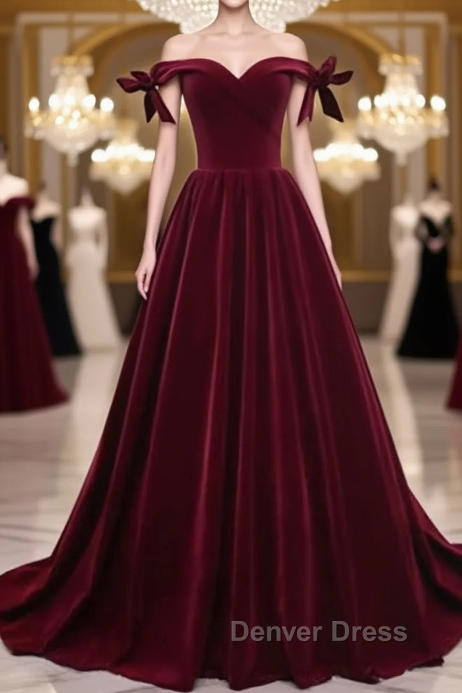 Burgundy Off Shoulder Velvet Long Prom Dress, Off Shoulder Burgundy Graduation Dress, Prom Dresses