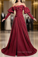 Burgundy off the Shoulder Pleats Prom Dresses With Detachable Sleeve