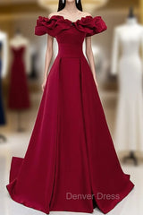 Burgundy Off the Shoulder Ruffles Prom Dresses