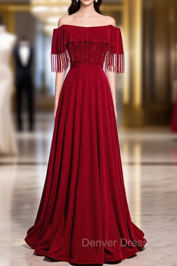 Burgundy Off the Shoulder Tassel Beading Prom Dresses