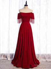 Burgundy Off the Shoulder Tassel Beading Prom Dress