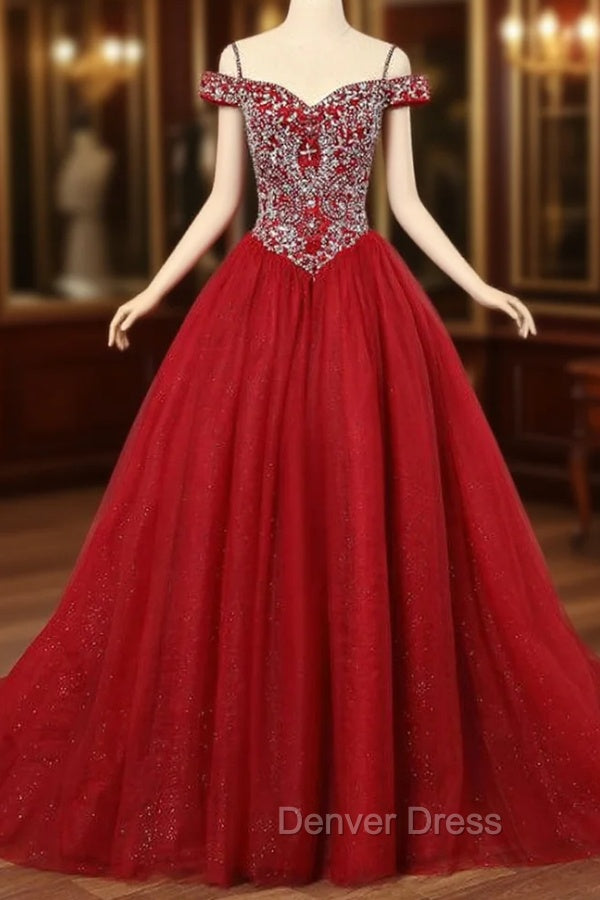 Burgundy Off the Shoulder Tulle Ball Gowns Crystal Quinceanera Dresses