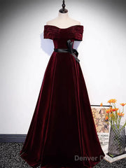 Burgundy Off The Shoulder Velvet Long Prom Dress