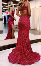 Burgundy One Shoulder Sequins Prom Dresses with Slit