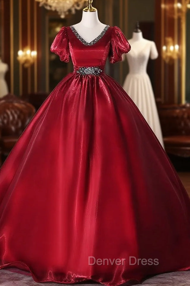 Burgundy Organza V Neck Puff Sleeve Beading Quinceanera Dresses