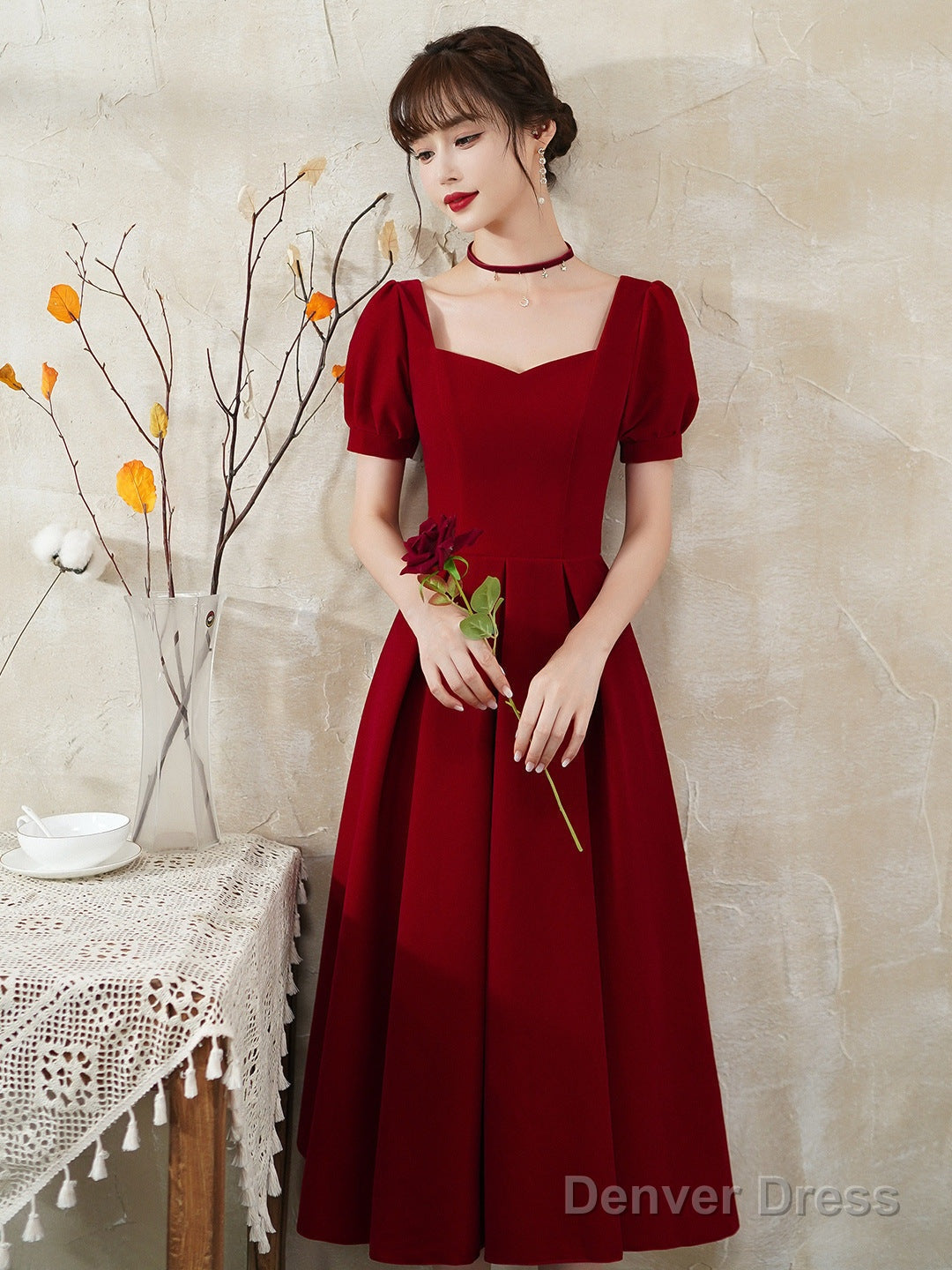Burgundy Prom Dress, Short Sleeve Midi Dress,Satin Homcoming Dresses Secondary image