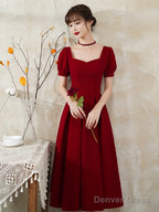 Burgundy Prom Dress, Short Sleeve Midi Dress,Satin Homcoming Dresses