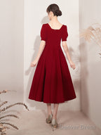 Burgundy Prom Dress, Short Sleeve Midi Dress,Satin Homcoming Dresses