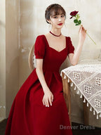 Burgundy Prom Dress, Short Sleeve Midi Dress,Satin Homcoming Dresses