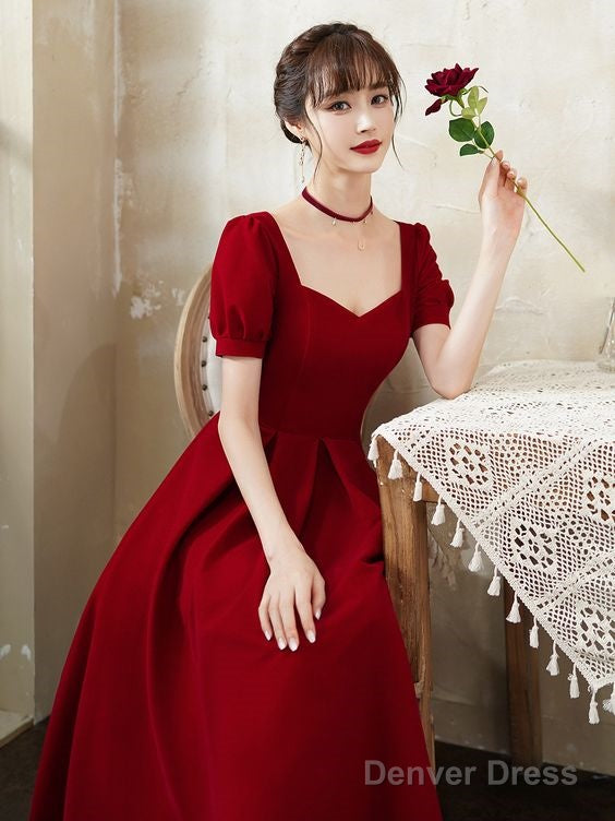 Burgundy Prom Dress, Short Sleeve Midi Dress,Satin Homcoming Dresses