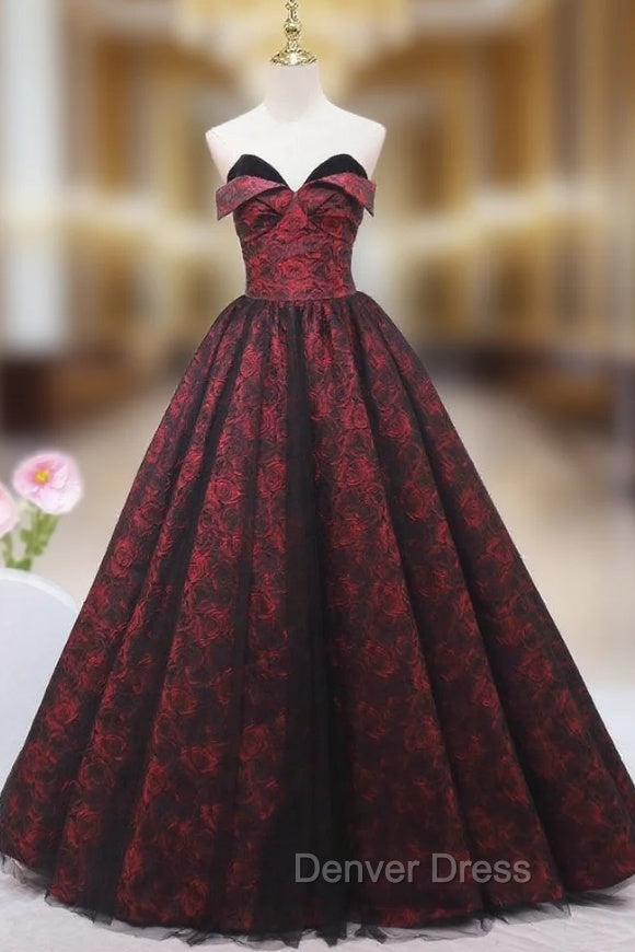 Burgundy Print Strapless Prom Dresses Main image