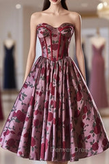 Burgundy Print Sweetheart Print Homecoming Dresses