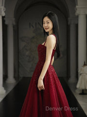 Burgundy Prom Dresses A Line Straps Tulle Evening Dresses