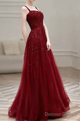 Burgundy Prom Dresses A line Straps Tulle Evening Dresses