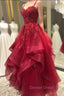 Burgundy Prom Dresses, A-line V Neck Spaghetti Straps Long/Floor-Length Lace Prom Dresses With Beading