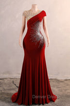 Burgundy Prom Dresses Bodycon Velvet Long Formal Dresses with Embroidered Beadings