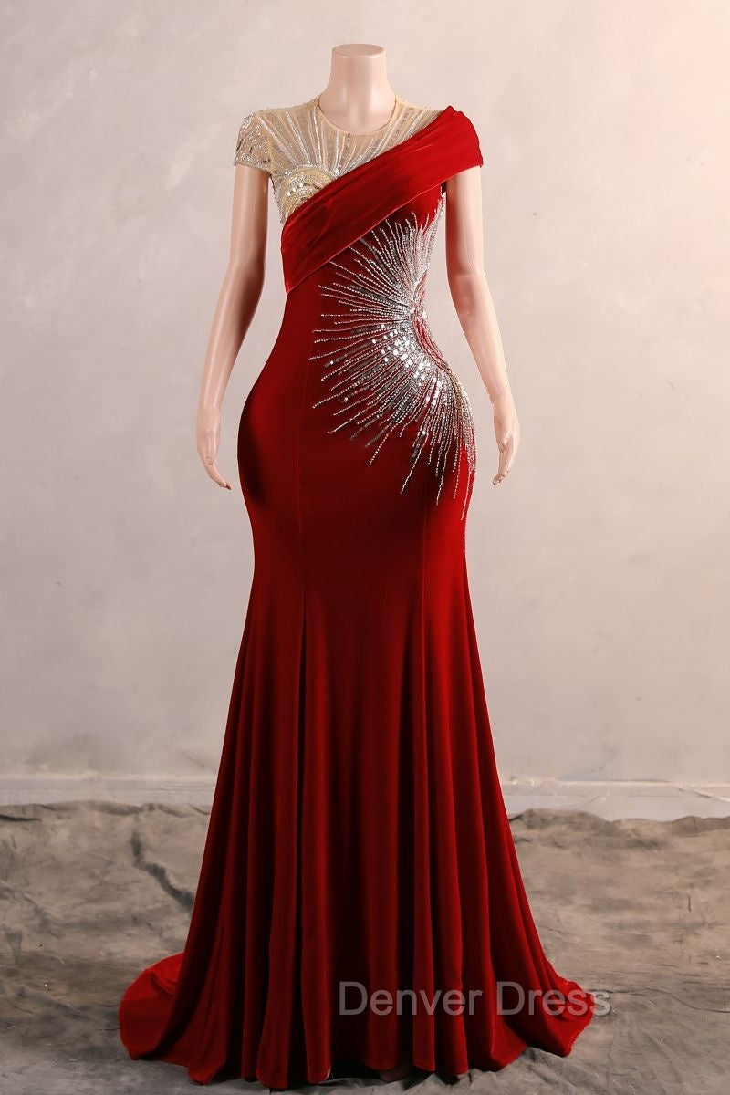 Burgundy Prom Dresses Bodycon Velvet Long Formal Dresses with Embroidered Beadings
