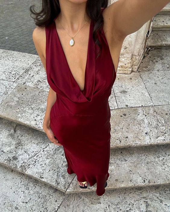 Burgundy Prom Dress Deep V Neck Prom Dresses Main image