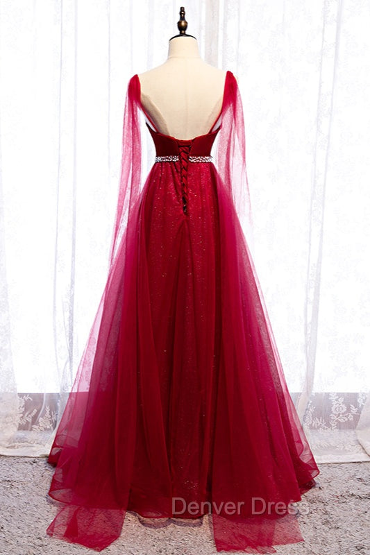 Burgundy Prom Dress, Spagetti Strap Sleeveless Prom Dresses Tulle Ruffles with Beadings