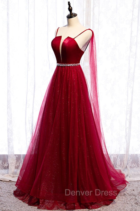 Burgundy Prom Dress, Spagetti Strap Sleeveless Prom Dresses Tulle Ruffles with Beadings