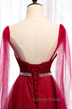 Burgundy Prom Dress, Spagetti Strap Sleeveless Prom Dresses Tulle Ruffles with Beadings