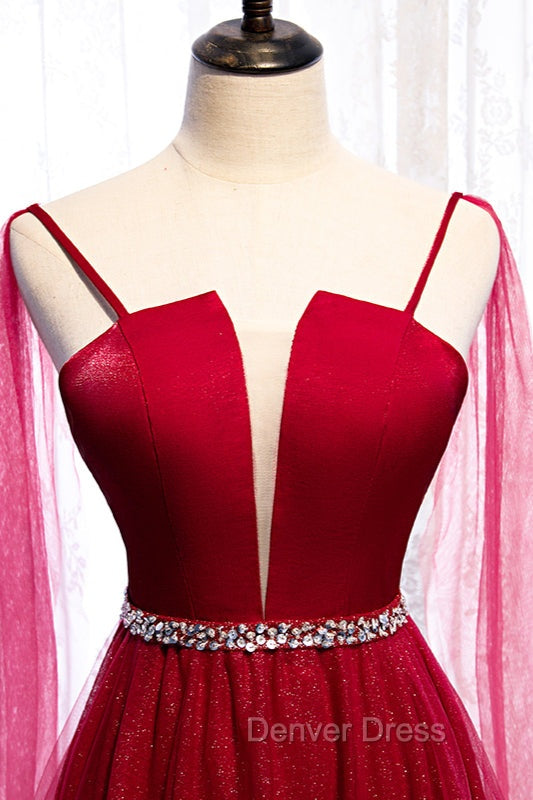 Burgundy Prom Dress, Spagetti Strap Sleeveless Prom Dresses Tulle Ruffles with Beadings
