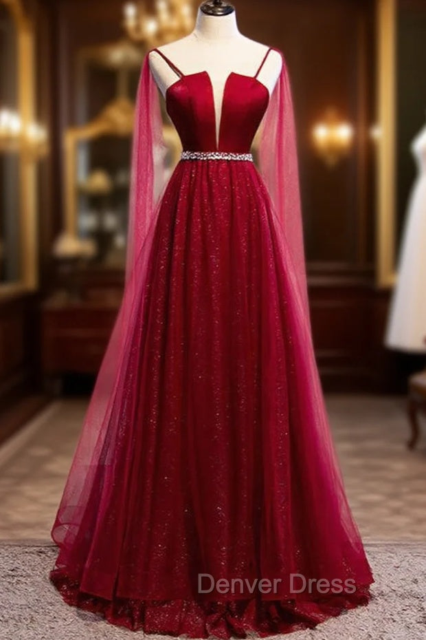 Burgundy Prom Dress, Spagetti Strap Sleeveless Prom Dresses Tulle Ruffles with Beadings Main image