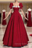 Burgundy Puff Sleeve Flower Prom Dresses