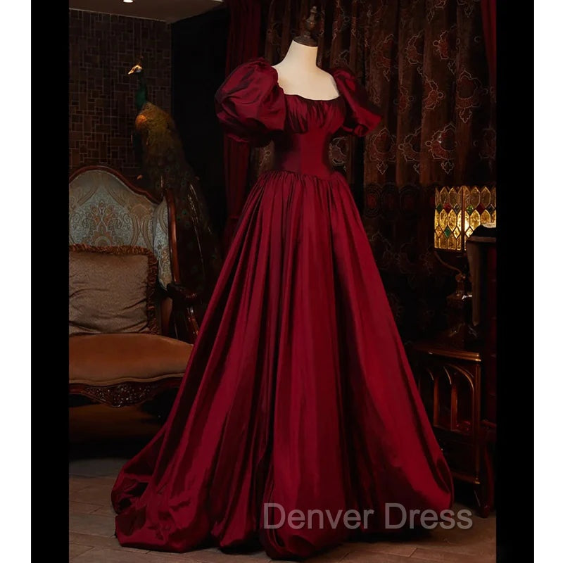 Burgundy Puffy Sleeves Taffeta Long Prom Dresses, Floor Length Sweetheart Party Dresses Secondary image