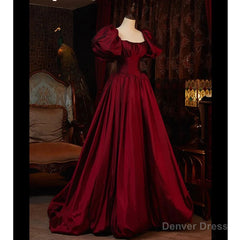 Burgundy Puffy Sleeves Taffeta Long Prom Dress, Floor Length Sweetheart Party Dress