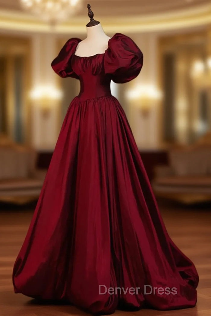 Burgundy Puffy Sleeves Taffeta Long Prom Dresses, Floor Length Sweetheart Party Dresses Main image