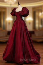 Burgundy Puffy Sleeves Taffeta Long Prom Dresses, Floor Length Sweetheart Party Dresses