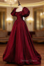 Burgundy Puffy Sleeves Taffeta Long Prom Dresses, Floor Length Sweetheart Party Dresses