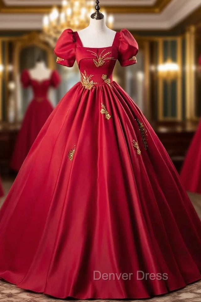 Burgundy Red Satin Short Sleeve Square Appliques Quinceanera Dresses