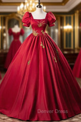 Burgundy Red Satin Short Sleeve Square Appliques Quinceanera Dresses