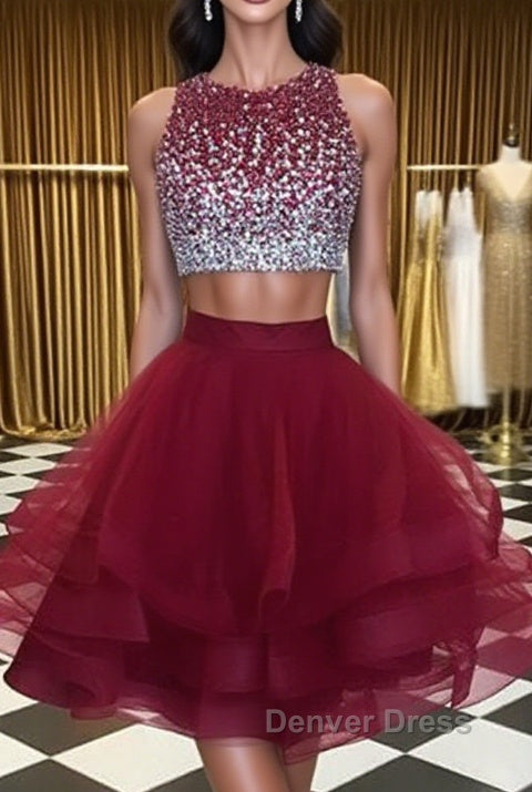 Burgundy Round Neck 2 Pieces Sequins Tulle Short Prom Dress, 2 Pieces Burgundy Homecoming Dress, Graudation Dresses Main image