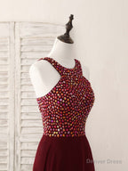 Burgundy Round Neck Chiffon Beads Long Prom Dress