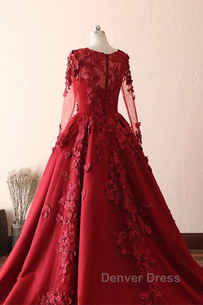 Burgundy round neck lace long prom Dress burgundy Prom Dresses