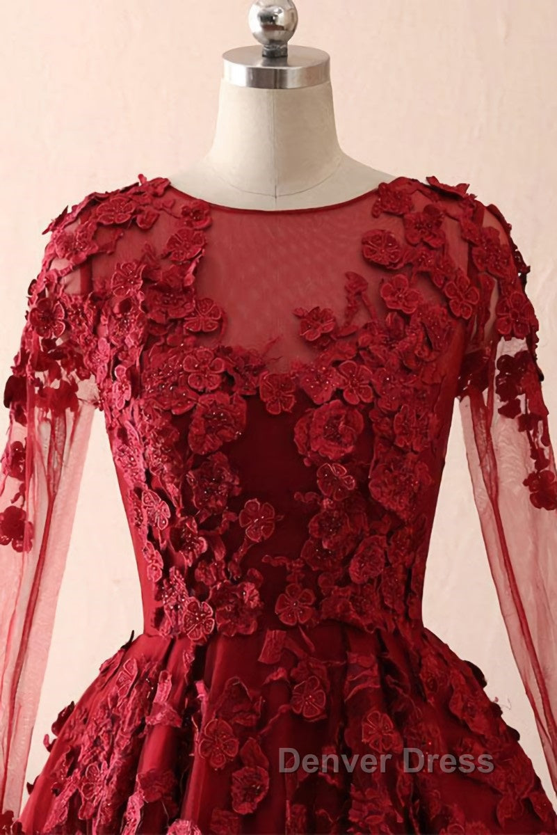 Burgundy round neck lace long prom Dress burgundy Prom Dresses