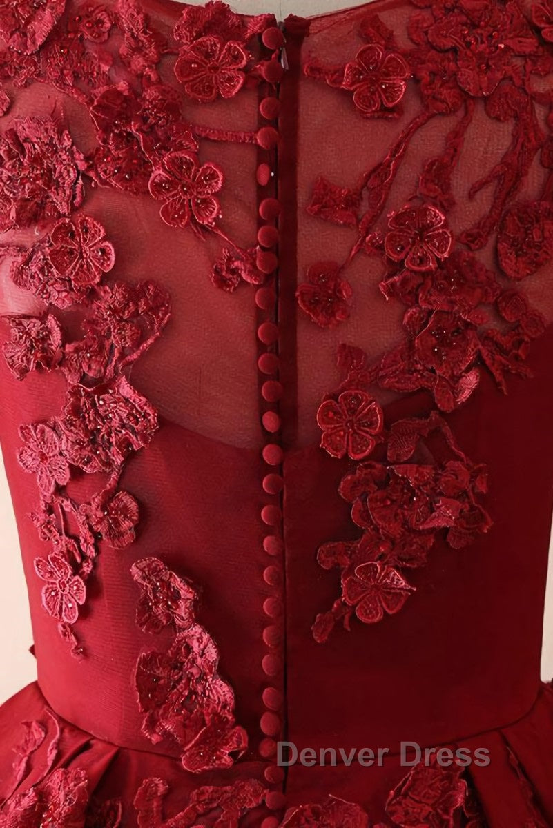 Burgundy round neck lace long prom Dress burgundy Prom Dresses
