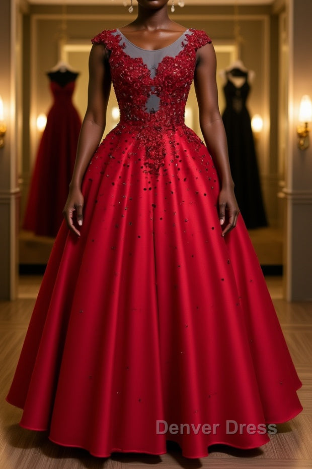 Burgundy round neck lace satin long prom Dress burgundy Prom Dresses