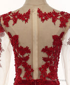 Burgundy Round Neck Lace Satin Mermaid Long Prom Dress Lace Formal Dress